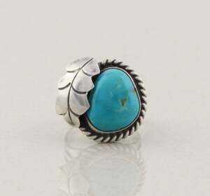 Sterling Silver Natural Turquoise Leaf Design Ring Size 6 1/2